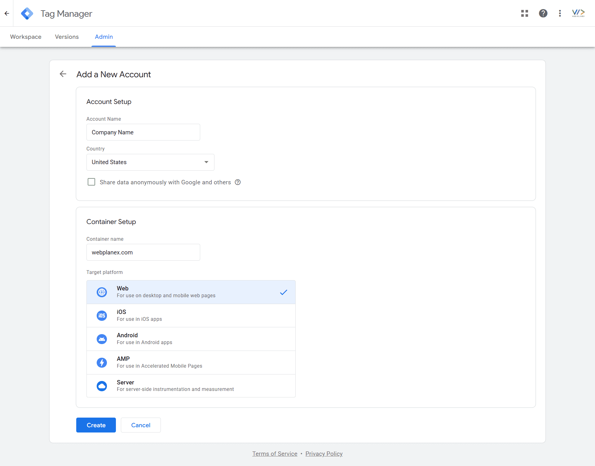 google tag manager container